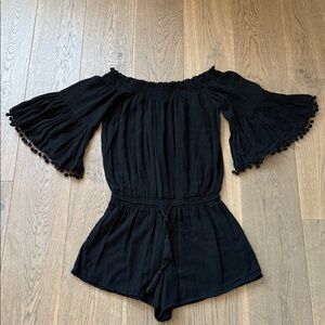 Boho Off-The-Shoulder Black Romper | Pom Trim | Size Small